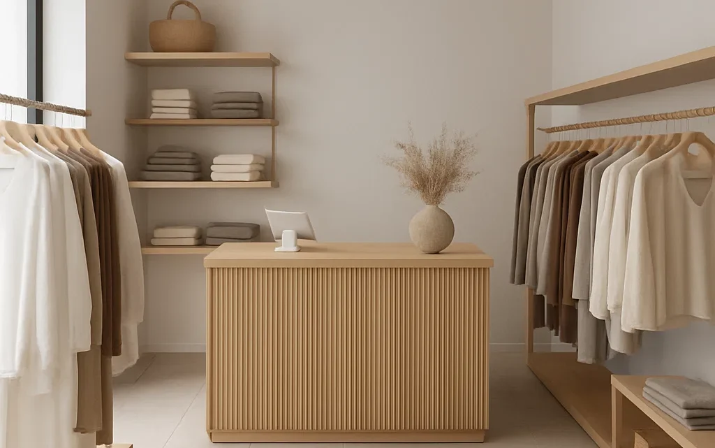 Lys og moderne butik med naturlige træelementer, stilrene hylder og tøj i neutrale farver, indrettet i skandinavisk minimalistisk stil.