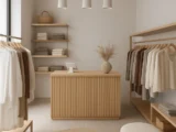 Lys og moderne butik med naturlige træelementer, stilrene hylder og tøj i neutrale farver, indrettet i skandinavisk minimalistisk stil.