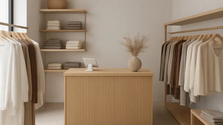 Lys og moderne butik med naturlige træelementer, stilrene hylder og tøj i neutrale farver, indrettet i skandinavisk minimalistisk stil.